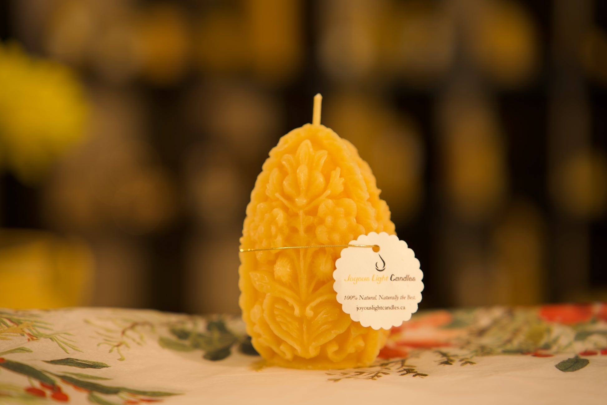 Decorative pure beeswax large egg candle with ornate details, chemical-free Easter decor