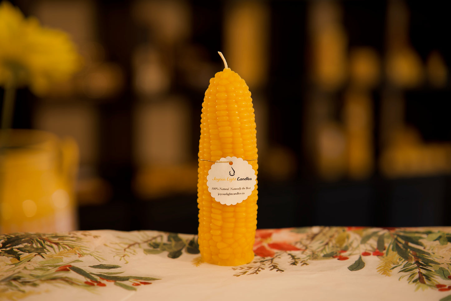 Slender pure beeswax corn-textured candle, harvest-themed natural accent, 1.5x6.5 inches